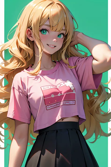 a cute teenage girl, a 12 years old girl, with peach blonde voluminous wavy hair with bangs and green eyes, dressing a pink t-shirt and black skirt, a cute with evil smile
