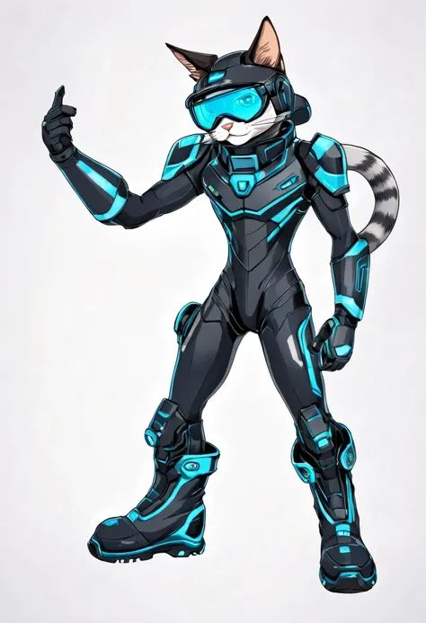 Gato dibujado futurista con lentes y casco ciber gato, parado imponente, with a look it would be, with one arm down and the other arm with a video game controller and boots on his feet, make the image type anime drawing, que sea para logo