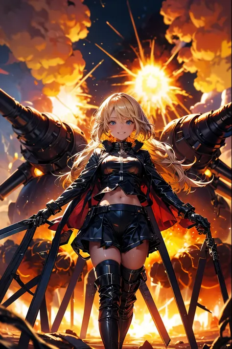 NSFW,((blade outfit:1.5)),(((explosion behind:1.5))), ((fold your arms)),((highest quality, 8K, masterpiece: 1.3))), sharp focus: 1.2, beautiful woman with perfect figure: 1.4, thin abs: 1.2, ((blonde layered cut, big: 1.2)), wet body: 1.5, Highly detailed...