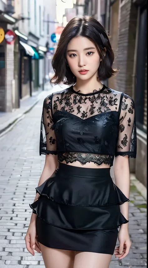 ((best quality, 8K, masterpiece: 1.3)), (Lace top with skirt: 1.3), focus: 1.2, Perfect body beauty: 1.4, Hips: 1.2, ((Layered Hairstyle: 1.2)), (Dark Street: 1.3), Highly detailed face and skin textures, delicate eyes, Double eyelids, Skin Whitening, Laye...