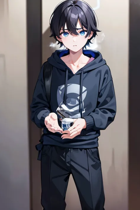 A handsome dark haired boy with dark blue eyes and messy side swept hair with dark blue hues underneath,has marks underneath his eyes like cracks or lighting, smoking,wears a black and dark blue hoodie with black and dark blue headphones hanging on his nec...