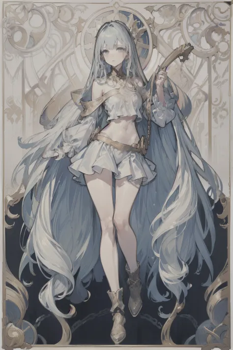 ((best quality)), ((masterpiece)), (detailed), 1girl, Character design, female, dynamic poses, long white grey hair, grey white eyes, very skinny, detailed, best quality, no accesoires around the neck, no shoes, prominent collarbones, skinny arms, flat st...
