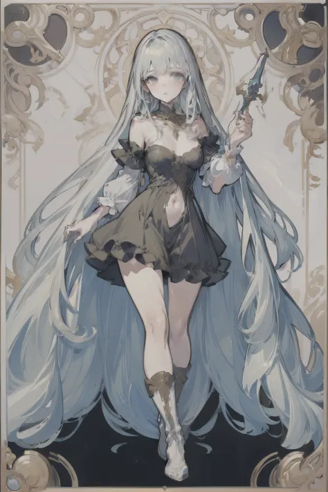 ((best quality)), ((masterpiece)), (detailed), 1girl, Character design, female, dynamic poses, long white grey hair, grey white eyes, very skinny, detailed, best quality, no accesoires around the neck, no shoes, prominent collarbones, skinny arms, flat st...