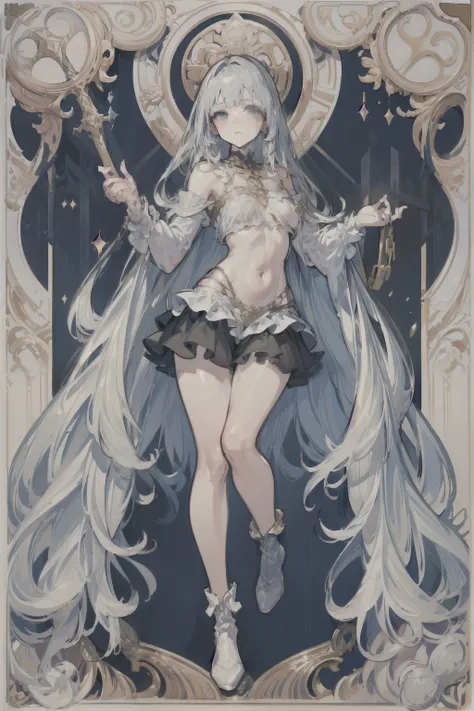 ((best quality)), ((masterpiece)), (detailed), 1girl, Character design, female, dynamic poses, long white grey hair, grey white eyes, very skinny, detailed, best quality, no accesoires around the neck, no shoes, prominent collarbones, skinny arms, flat st...