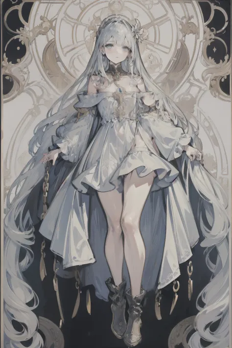  ((best quality)), ((masterpiece)), (detailed), 1girl, Character design, female, dynamic poses, long white grey hair, grey white eyes, very skinny, detailed, best quality, no accesoires around the neck, no shoes, prominent collarbones, skinny arms, flat st...