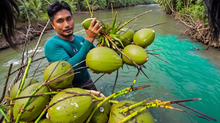 there is a man holding a bunch of green cocos in a river, video, cocos, reboque, Easy, 💋 💄 👠 👗, filmado em gopro9, 🦩🪐🐞👩🏻🦳, Delicioso, 😭 🤮 💕 🎀, obra-prima maravilhosa, ❤🔥🍄🌪, kuntilanak in the bayan tree, video still