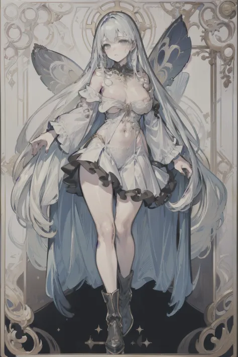  ((best quality)), ((masterpiece)), (detailed), 1girl, Character design, female, dynamic poses, long white grey hair, grey white eyes, very skinny, detailed, best quality, no accesoires around the neck, no shoes, prominent collarbones, skinny arms, flat st...