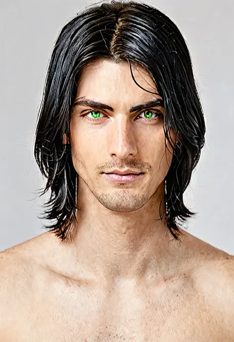 ((male)), male face, detailed face, handsome face, long silky black hair, cold green eyes, cold smile, middle ages.