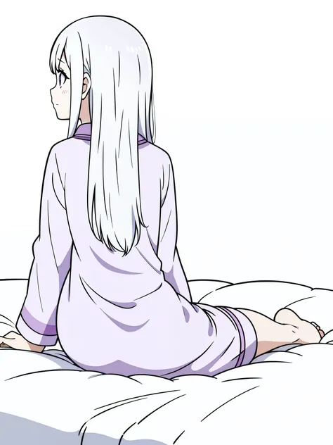 (1girl,8 years old,kid,small,solo),white hair,long hair,(purple pijama),long sleeves,(from behind,),(sitting on the bed,white background,line drawing),