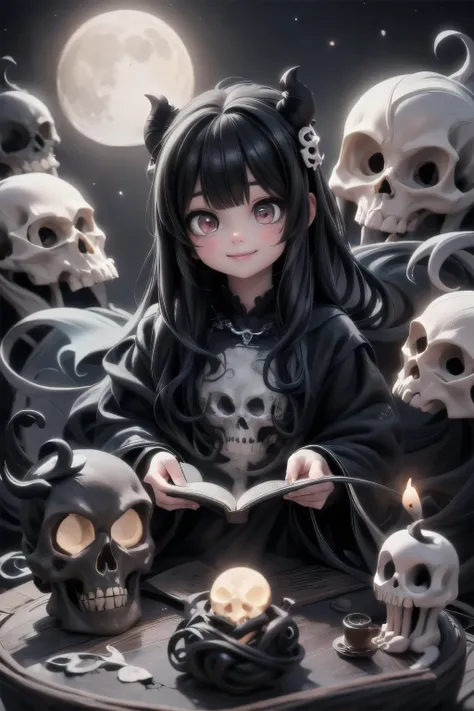 a cute demon girl sculping a skull, night scene, moon at background, (magic) lanterns floating