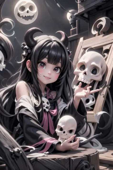 a cute demon girl sculping a skull, night scene, moon at background, (magic) lanterns floating