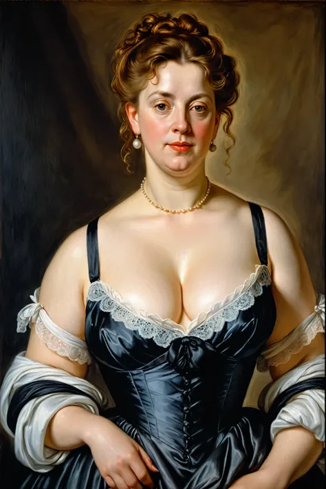 portrait painting of a thick Beautiful middle aged woman, extremely gorgeous, wearing a Victorian Camisole dress or chemise, by Peter Paul Rubens, in Peter Paul Rubens style, by Caravaggio, intricate, flawless, masterpiece, Best quality, 