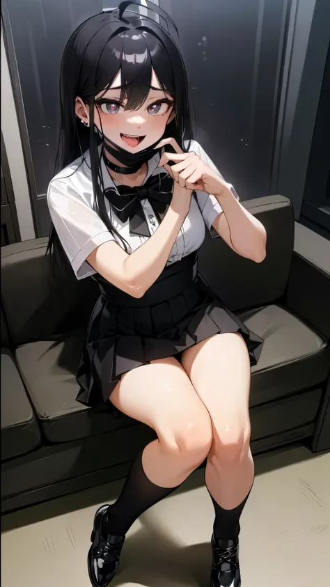  ((((Open your mouth))))、masterpiece,highest quality,High resolution,Very detailed,bb Festival,skinny,Ahoge,,(((((  Captivating smile ))))),skinny,Hair between the eyes,Black choker,Earrings,black Pleated skirt、White shirt,Short sleeve,High School Girls Un...