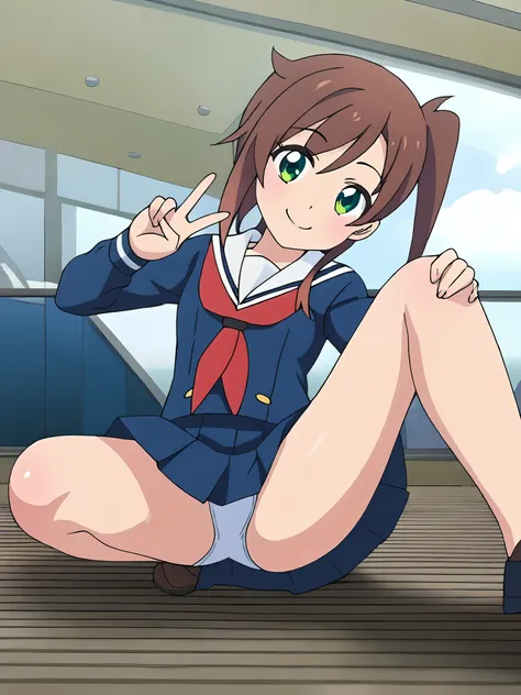 ShizuruChikura,brown hair,side ponytail,green eyes, smiling, happy, looking at viewer, peace sign, blue school uniform,serafuku, blue skirt, knee-length skirt, bare legs, close-up