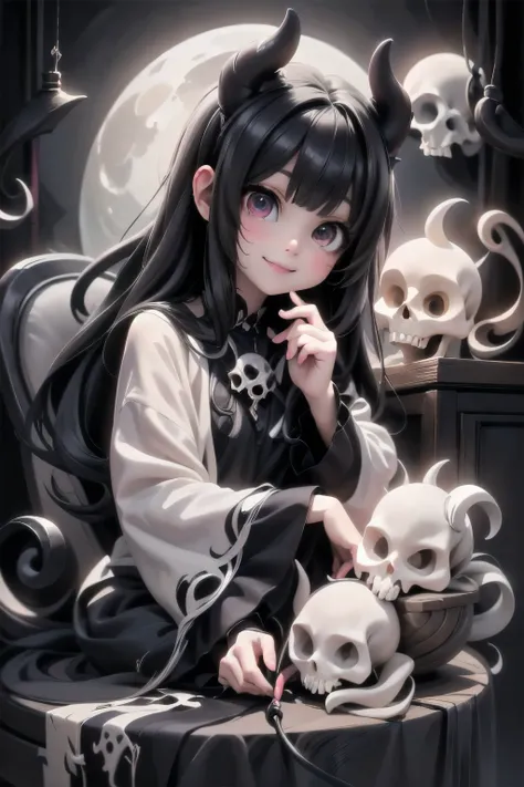 a cute demon girl sculping a skull, sitting on an gothic armchair, (((round_pumps))), night scene, moon at background, (magic) l...