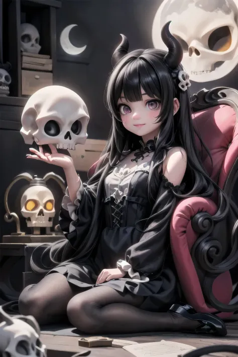 a cute demon girl sculping a skull, sitting on an gothic armchair, (((round_pumps))), night scene, moon at background, (magic) lanterns floating