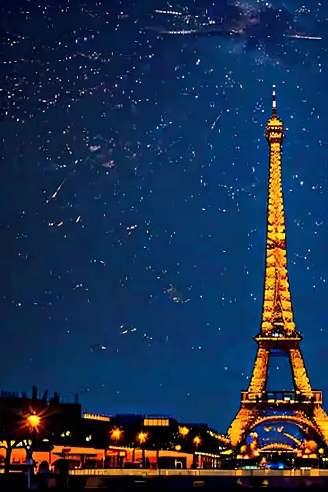 the eiffel tower in the dark, in the background lights from the buildings and street lamps