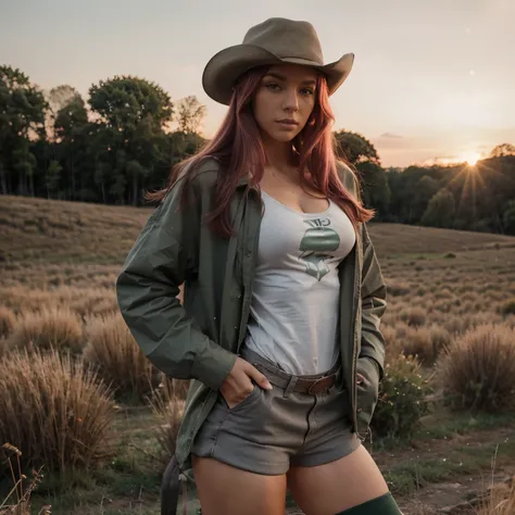 Beautiful Model, Pink Hair, Brown eyes, Long Hair, Hourglass Waist, Wide legs, Medium chest, Big Ass, Grey T-shirt, Dark green open jacket, tight white shorts, brown timberland boots, Cowboy hat, Field, sunset, An athletic body, whole body, Heel