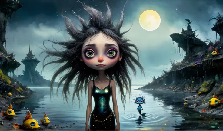 Chalcopyrite Mermaid,moana,golden black make up,longhair,folk dress,freckles,pretty face,eyebrow up,full body shot,ominous landscape,glate gray atmosphere,Simon Stalenhag,Nicola Samori,Wangechi Mutu,prime colors,Lisa Frank, ,urban,extremely detailed, [nigh...