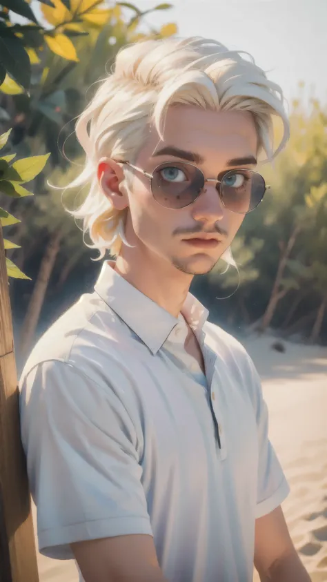 (masterpiece:1.4), (best quality:1.4), arafed man with a white shirt and sunglasses on posing for a picture, albino hair, looking like a model, illuminated by natural light and sunlight, positioned on the beach, one man is blond, style of seb mckinnon, kac...