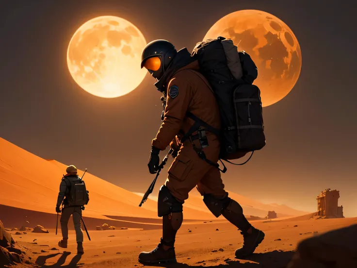 "A lonely explorer on a distant and mysterious planet, coberto por vastos desertos de areia dourada e rochas escarpadas. No horizonte, uma gigantesca tempestade de areia se aproxima, wrapping the sky in shades of orange and red. The explorer is dressed in ...