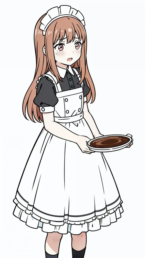 (1girl,8 years old,small,kid),caramel hair,long hair,maid outfit,holding a tray of food,sad,blush,open mouth,(white background,line drawing),walking,close-up