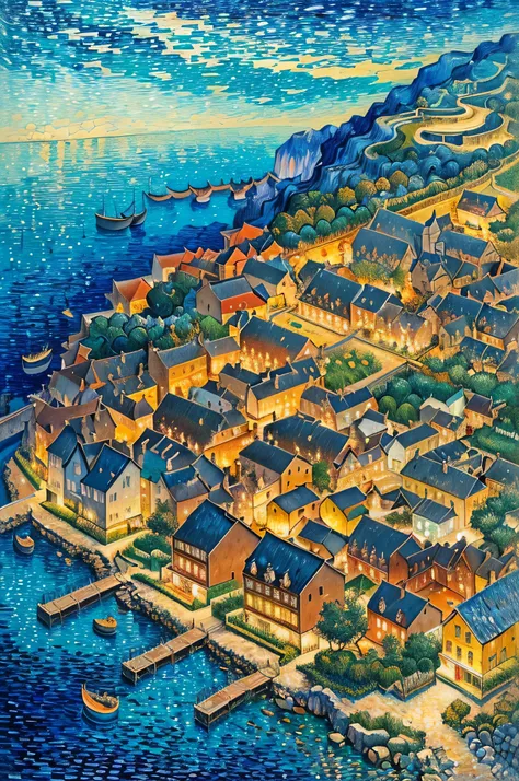 ((best quality)), ((masterpiece)), (detailed), intricate art, a village, view from above, distant vision, vibrant colors, detailed painting style, Abstract, Vincent van Gogh