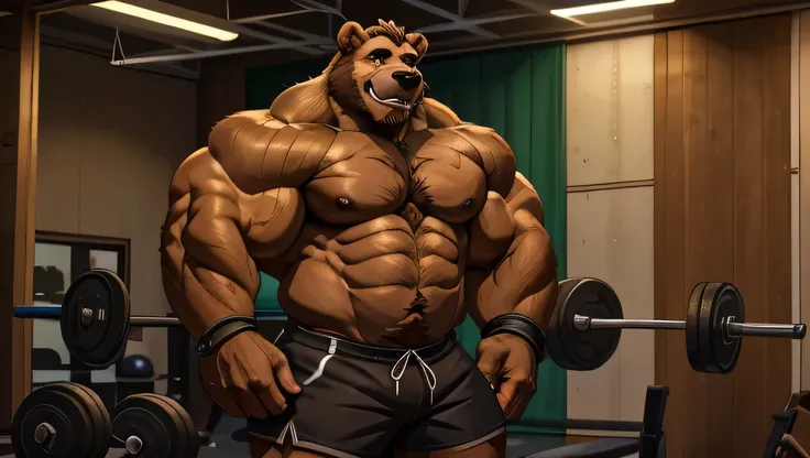 masterpiece, 8k, Hight detailed, furry anthro, a Grizzly Bear standing in gym, clean face, smile, scar on brown fur, hairy body, scar on hairy chest, added eyes, black Shorts,  wristbands and topless, huge and muscular, old grizzly bear, brown hair