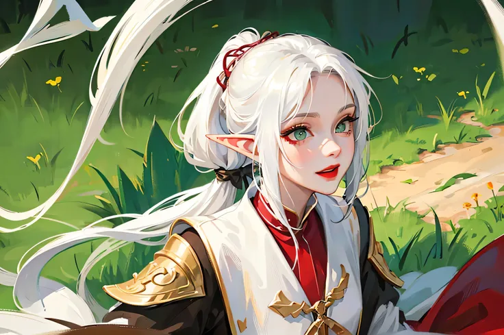 1girl, white hair ponytail priestess, green eyes, red lips, green eyes, small pointy eats, half-elf, smiling