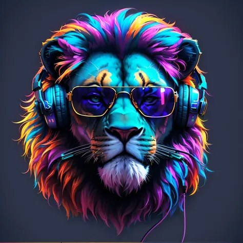 a lion with headphones and sunglasses on, colorful hd picure, ultraviolet and neon colors, wallpaper 4 k, wallpaper 4k, amazing wallpaper, digital artwork 4 k, hd phone wallpaper, phone wallpaper hd, extremely high quality artwork, synthwave art, high qual...