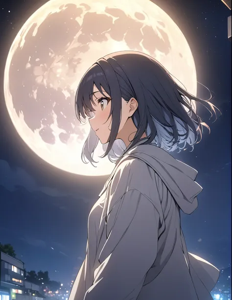 (masterpiece:1.2),(anime),big moon in the background、night sky、girl watching the moon、cute、the girl is illuminated by the moonli...