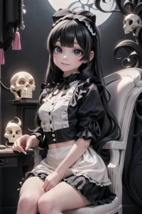 a cute demon girl sculping a skull, sitting on an gothic armchair, lace cloth, crop shirt, mini skirt, (((lolita pumps))), night...