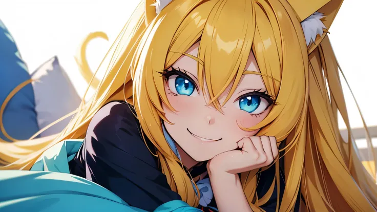 Anime cat girl with long yellow hair and blue eyes is smiling in love.