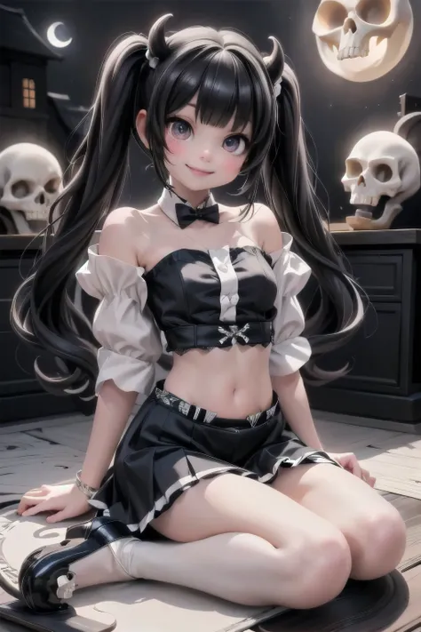 a cute demon girl smiling sculping a skull, pigtails, hair accesories, sitting on the floor, strapless crop shirt, mini skirt, Lolita (((pumps))), night scene, moon at background, (magic) lanterns floating, dark castle at night,