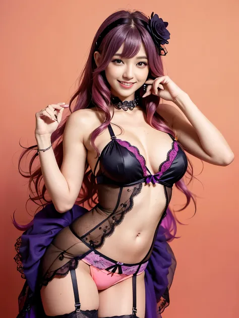 ultra realistic girl, smiling face, orange and pink ombre flowers background, portrait, halloween, goth, gyaru, purple flowing hair, garter belt, cute lack lace underwear, sweet and sexy, seductive pose