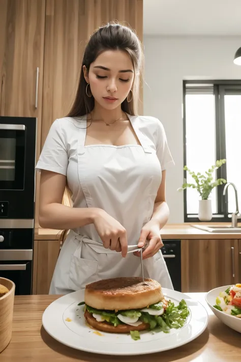 um cozinheiro, com postura inadequada e fazendo movimentos repetitivos ao preparar um alimento