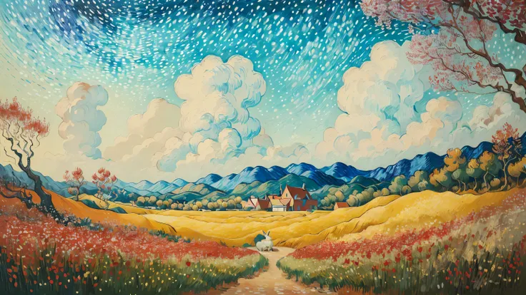 ((best quality)), ((masterpiece)), (detailed), intricate art, a little rabbit, open field, red flowers, distant vision, detailed painting style, Abstract, Vincent van Gogh