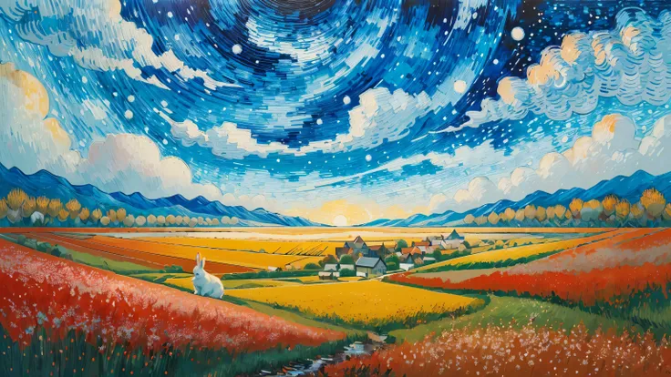 ((best quality)), ((masterpiece)), (detailed), intricate art, a little rabbit, open field, red flowers, distant vision, detailed painting style, Abstract, Vincent van Gogh