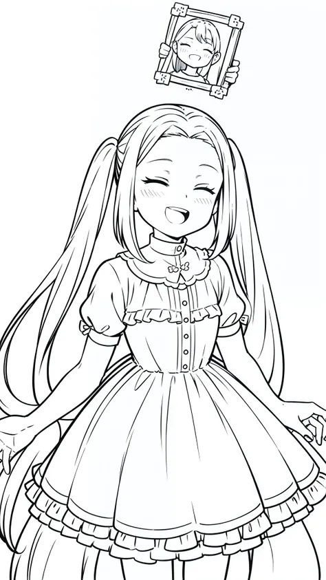 (1girl,12 years old),caramel hair,long hair,twintail,medusa hair,simple dress,blush,open mouth,closed eyes(white background,line drawing),from front,smile,happy,open mouth,put your hands in front