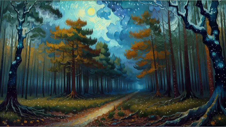 ((best quality)), ((masterpiece)), (detailed), intricate art, dense forest, gloomy atmosphere, detailed painting style, Abstract, Vincent van Gogh