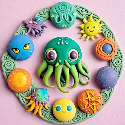 Cthulhu, planets, sun, stars, universe, clay refrigerator magnets