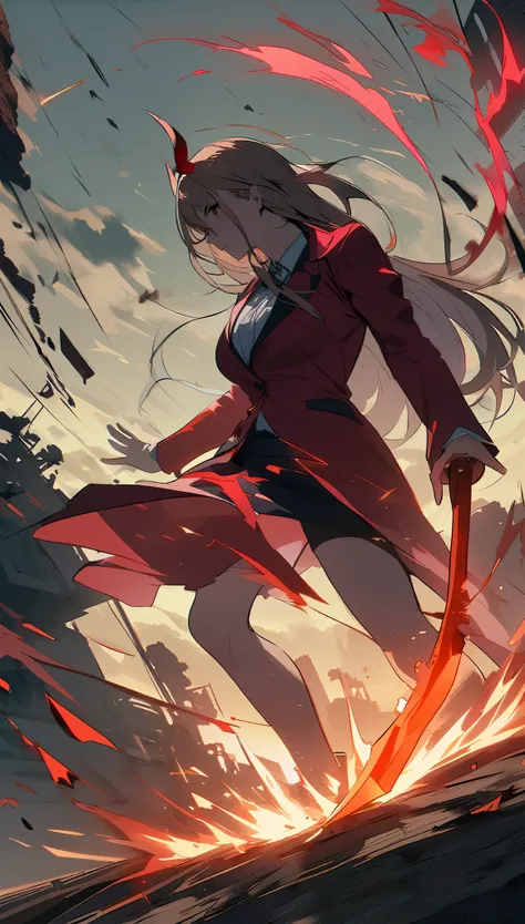 Portraiture, Long Hair, Middle Hair, Brown Eyes, One girl, demon horn, face, Magical woman, Absurd, masterpiece, highest quality, blazer girl costume, ((grim reaper woman)), short hair, Devastation, Remains, (Dynamic pose), Apocalypse, Spell casting, Style...