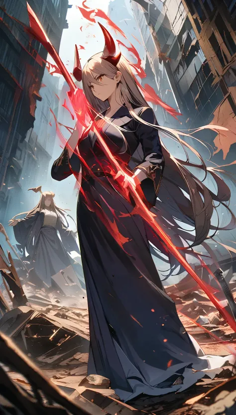 Portraiture, Long Hair, Middle Hair, Brown Eyes, One girl, demon horn, face, Magical woman, Absurd, masterpiece, highest quality, blazer girl costume, ((grim reaper woman)), short hair, Devastation, Remains, (Fighting Dynamic pose), Apocalypse, Spell casti...