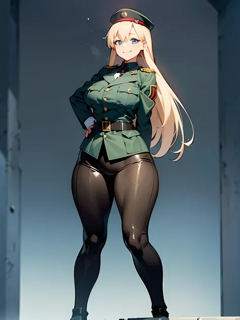 young girl, military uniform germany, whole body to see, smiled, excited, moans, long hair, sexy pose, big breasts, wide hips