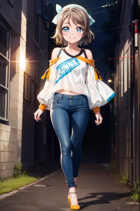 yo watanabe, yu watanabe, short hair, blue eyes, brown hair, orange hair band,smile, grin,cold shoulder tops,skinny pants,stilet...