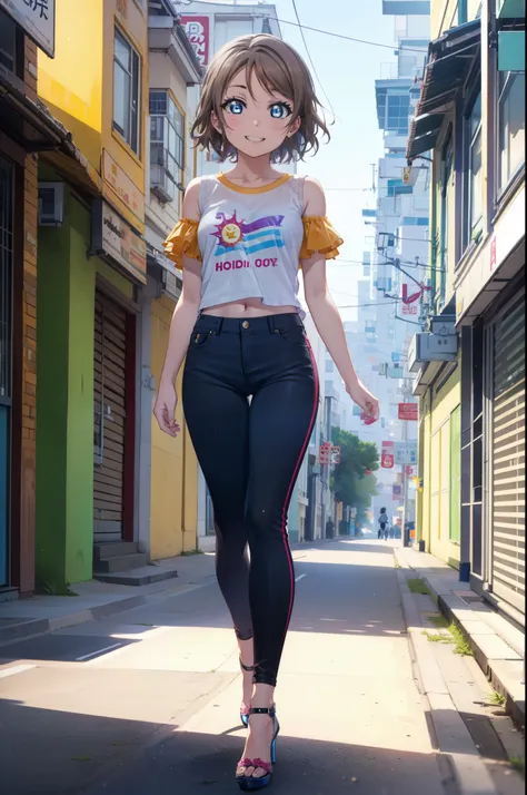 yo watanabe, yu watanabe, short hair, blue eyes, brown hair, orange hair band,smile, grin,cold shoulder tops,short sleeve,skinny...