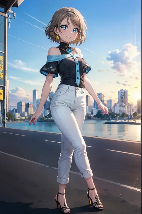 yo watanabe, yu watanabe, short hair, blue eyes, brown hair, orange hair band,smile, grin,cold shoulder tops,short sleeve,skinny...