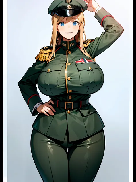 young girl, military uniform germany, whole body to see, smiled, excited, moans, long hair, sexy pose, huge breasts, very wide hips