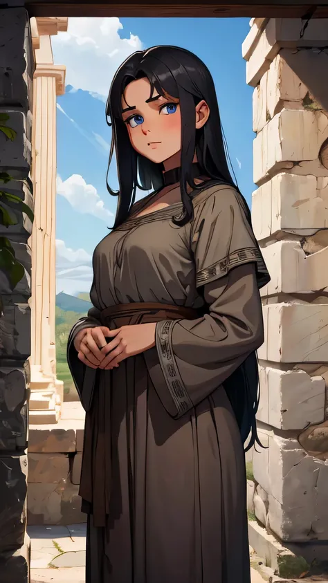 8 year old girl, blue eyes, dark gray hair, dressed in poor brown clothes from the 1st century AD. in an ancient dark Greek house from the 1st century AD, the walls are made of dark house stone