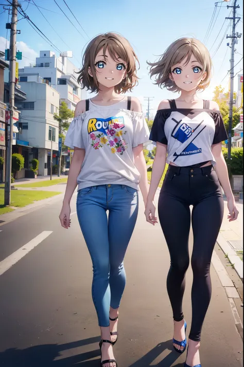 yo watanabe, yu watanabe, short hair, blue eyes, brown hair, orange hair band,smile, grin,cold shoulder tops,short sleeve,skinny...